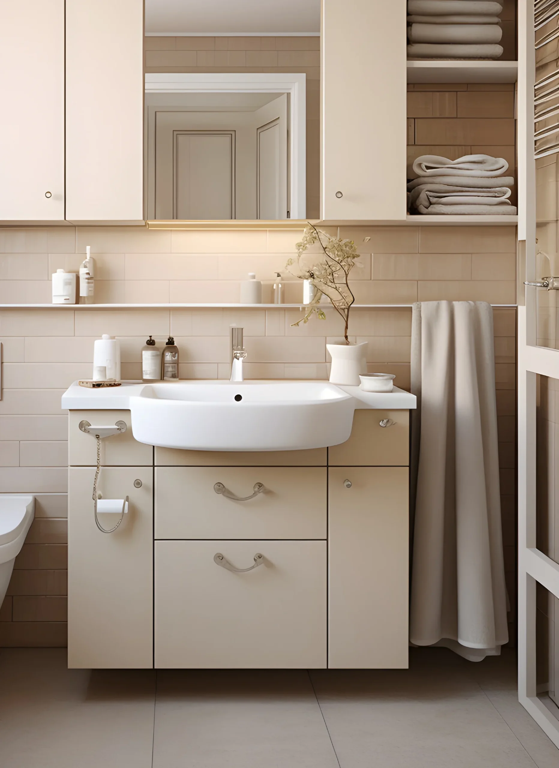 Modern bathroom vanity with storage drawers