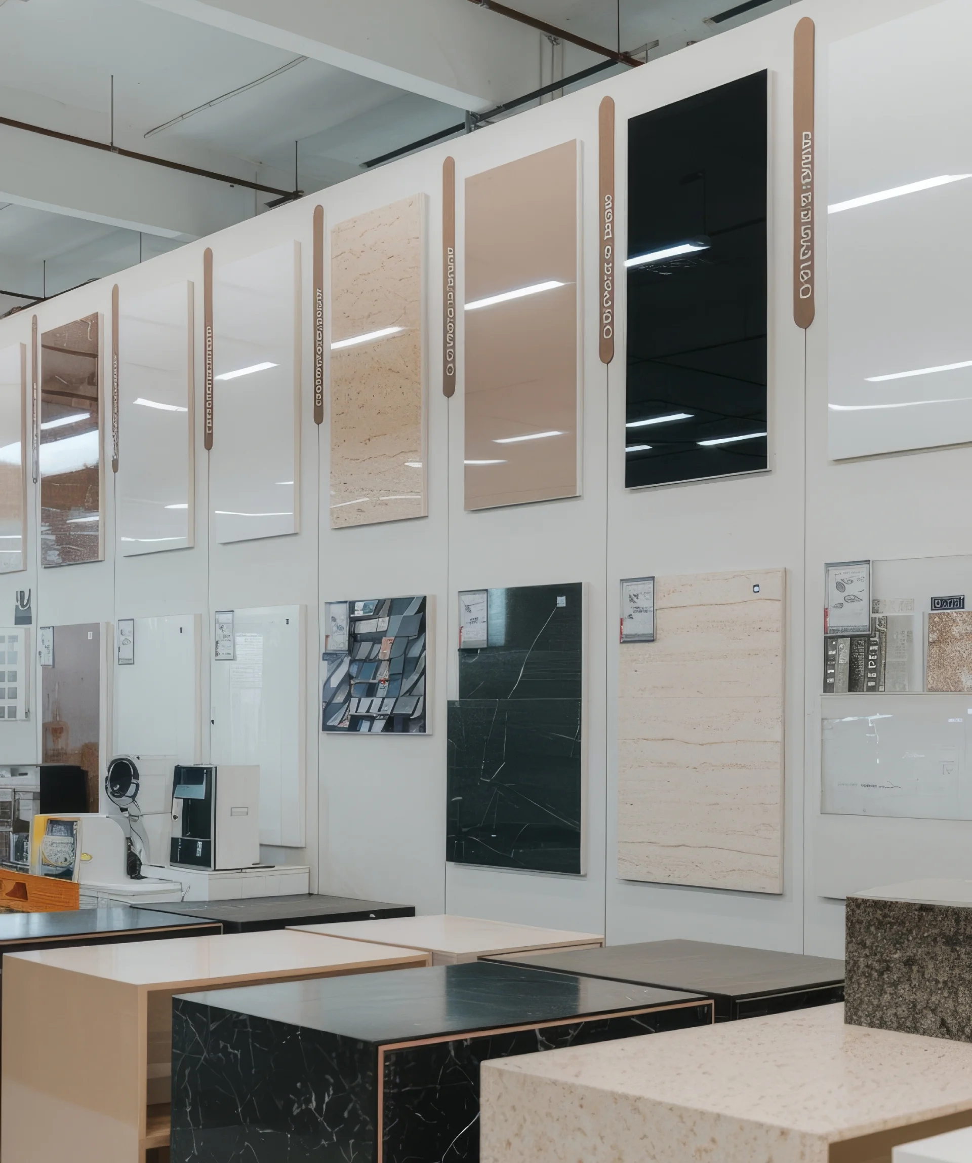 Kitchen countertops and cabinet facades samples in artificial stone